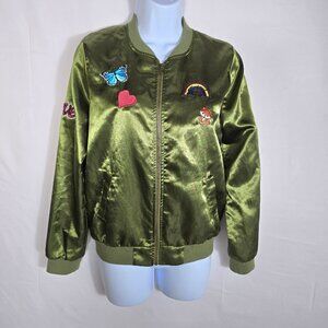 Kandy Kiss Girls Bomber Jacket Sz XL Green Satin Embellished Zip Up Metallic Y2K